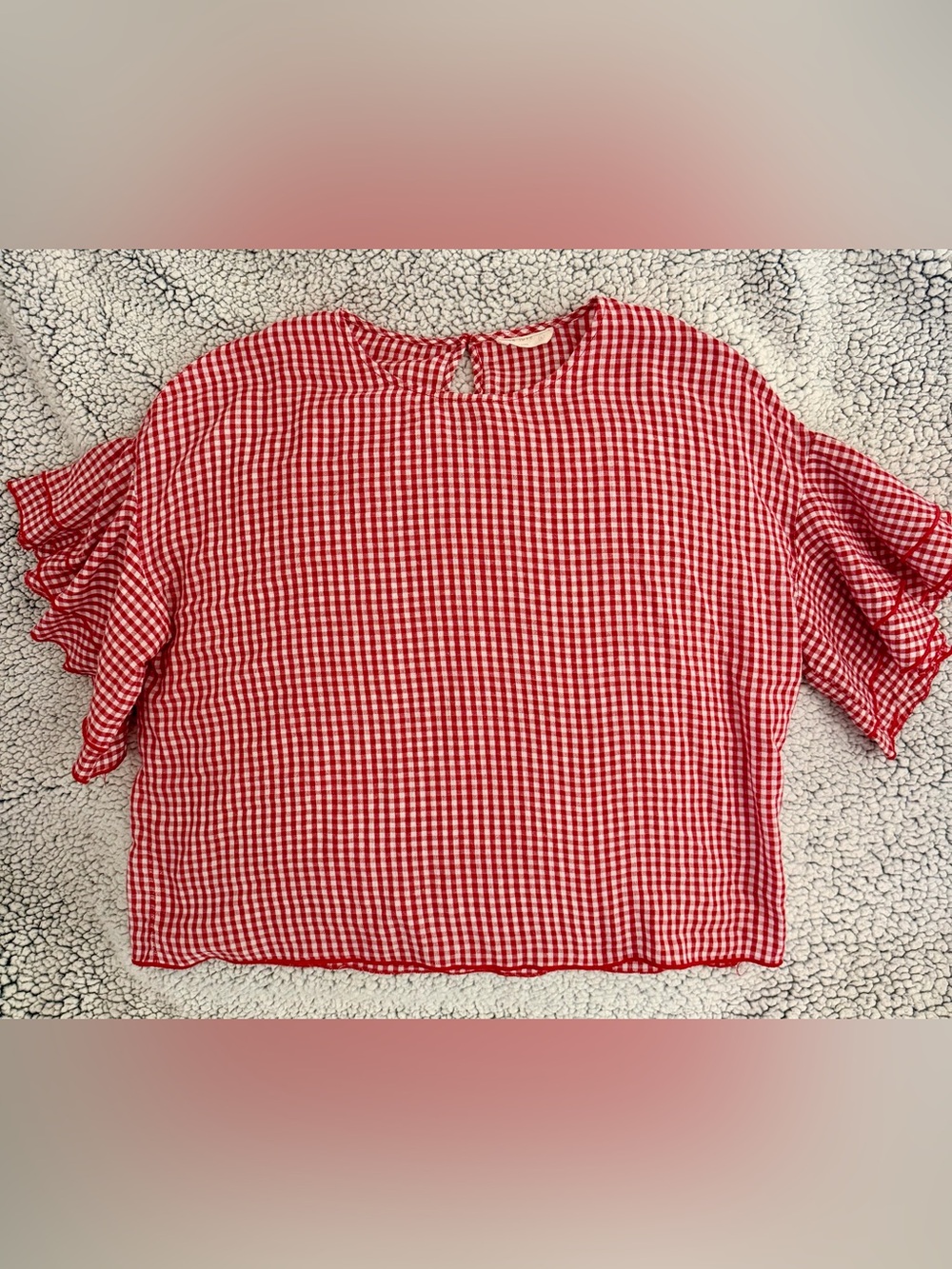 Women's Red Gingham Ruffle Sleeve Blouse
